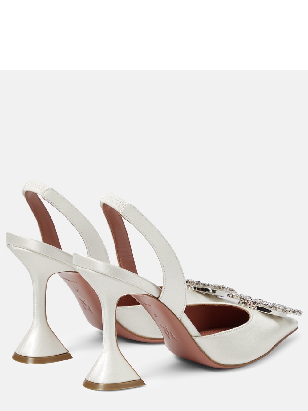 Amina Muaddi Ivory Satin Slingback Heels with Crystal Buckle - Picture 2 of 5